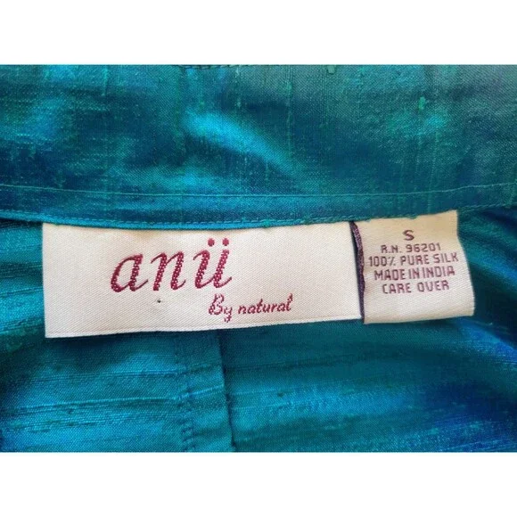 Anü by Natural Women's 100% Pure Nubbed Silk Shirt Jacket Small Teal Iridescent - Picture 4 of 4